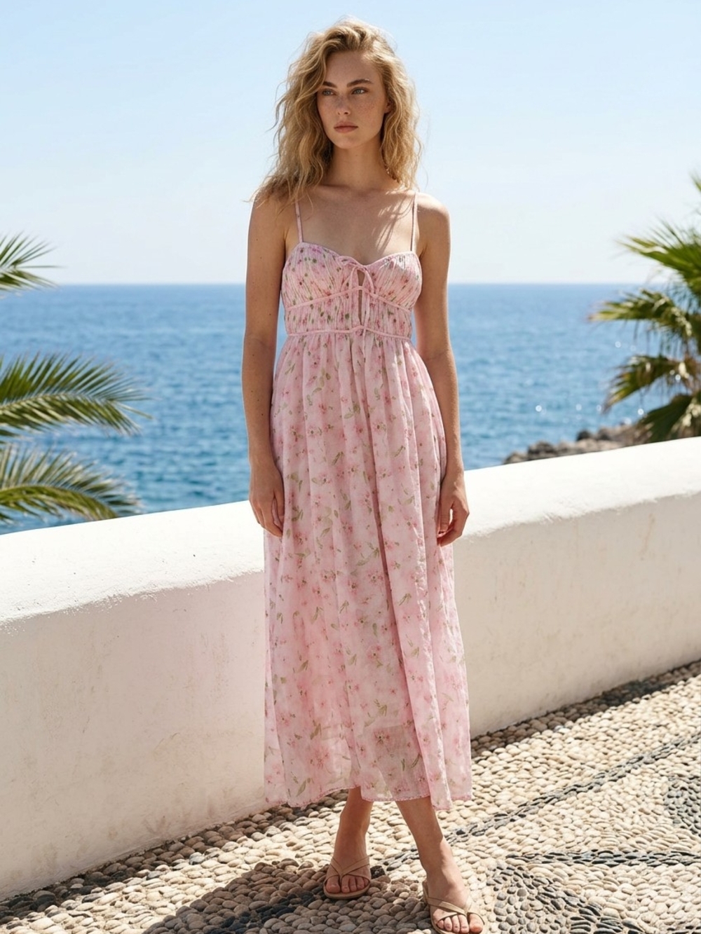 En Saison Pink Floral Maxi Dress with Smocked Bodice